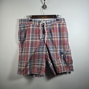Lands' End Red Plaid Men's Swim Trunks
